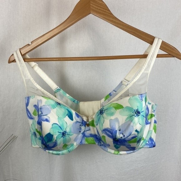 Cacique Blue & White Floral Print Full Coverage Bra 42D - Picture 1 of 4